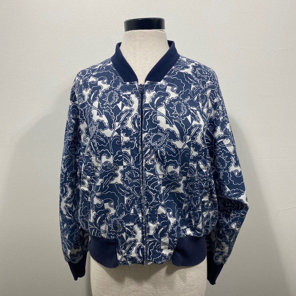 VTG TAIL Women's‎ Lightweight Blue & White Floral Full Zip Bomber Jacket Small